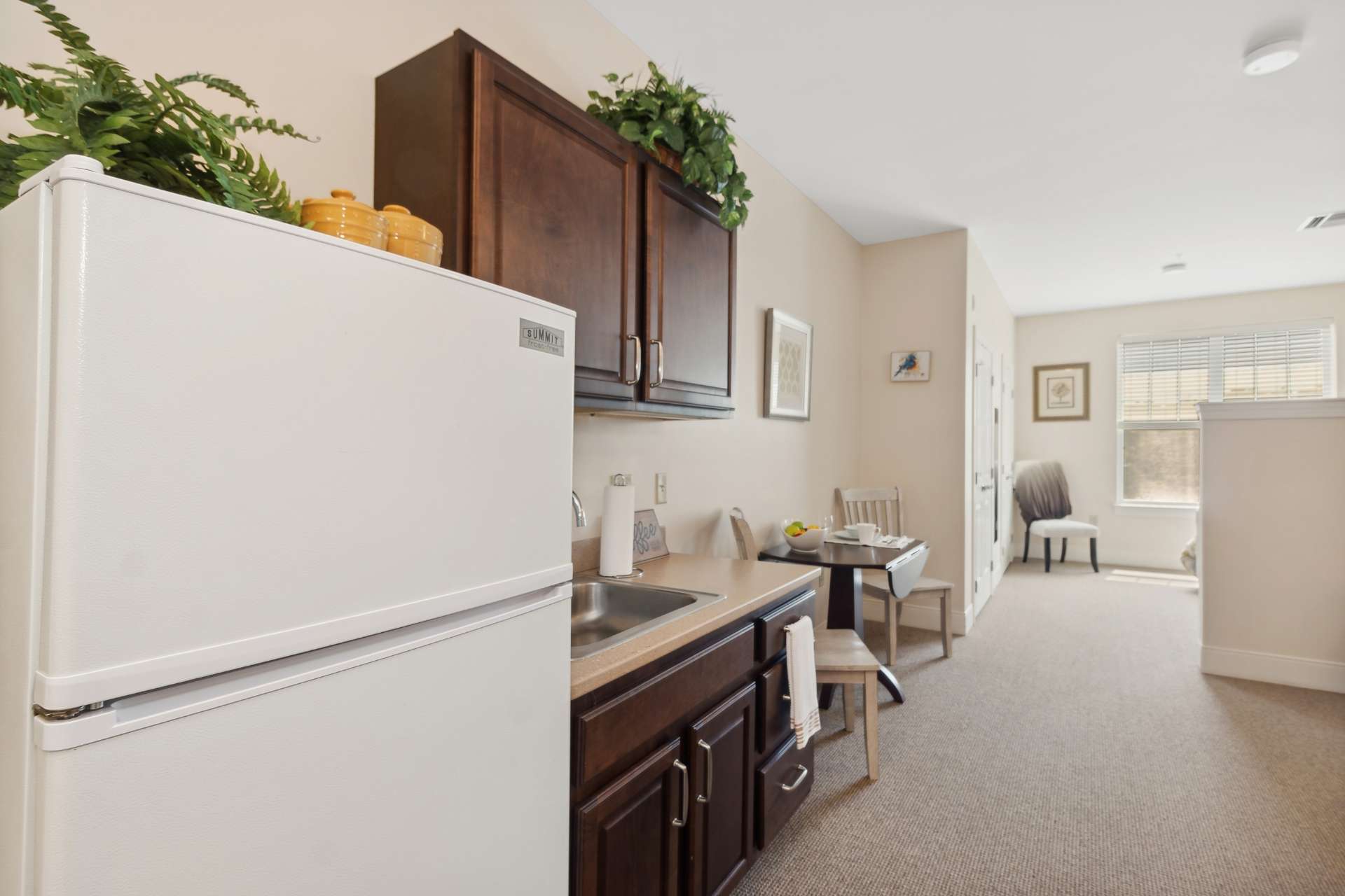 A private fridge and kitchen sink.