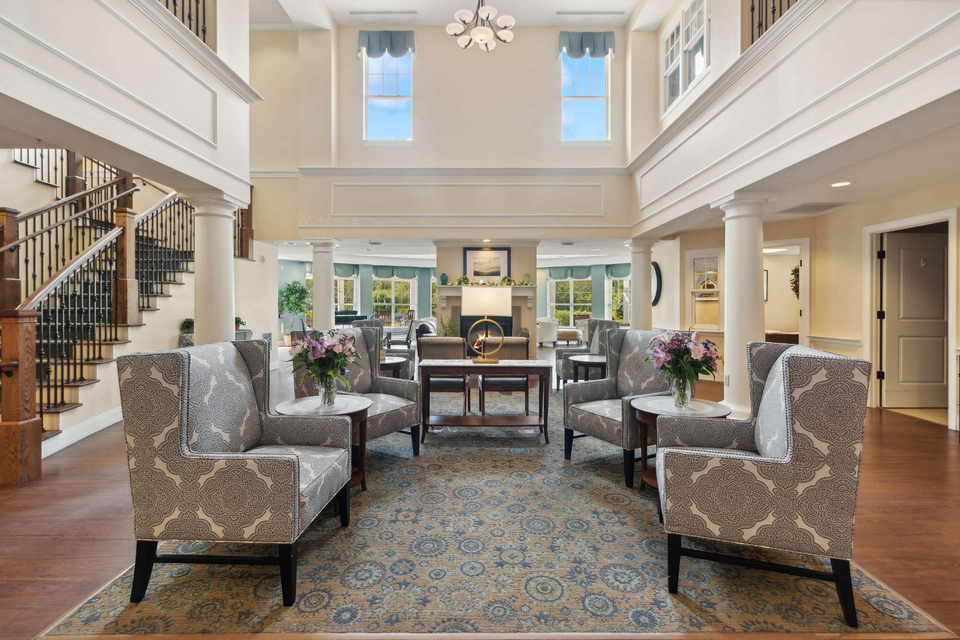 The main lobby, with a staircase and seating.