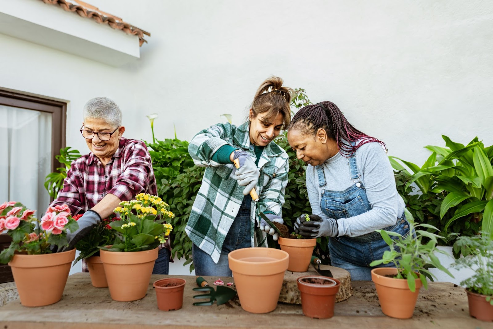 A group of happy seniors planting flowers in pots together